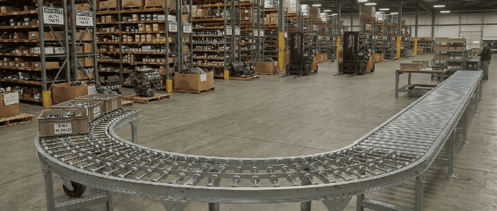 ¿Cómo optimizar el flujo de materiales cuando el espacio es limitado con transportadores de ruedas curvos?