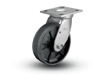Rodaja giratoria de nylon con capacidad de carga de hasta 650 kg. Balero de rodillos. Freno opcional.