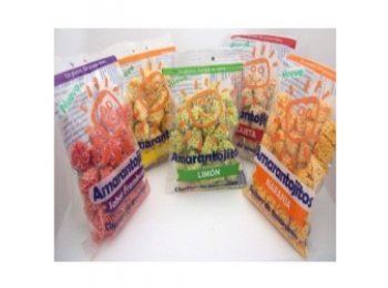 snacks de amaranto de sabores, frambuesa, cajeta, piña, limón y naranja. en presentaciones de bolsitas individuales. contenido 20 gms.