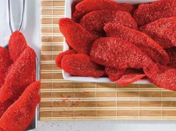 Estas deliciosas láminas de manguito enchilado son el snack ideal para sustituir los tradicionales productos los cuales contienen grasas trans, grasas saturadas, sodio o mucha azúcar, al ser un snack sano no te sentirás culpable.  Propiedades.     Libre de grasas saturadas. Alto en fibra dietética. Contiene calcio. 100% natural.  