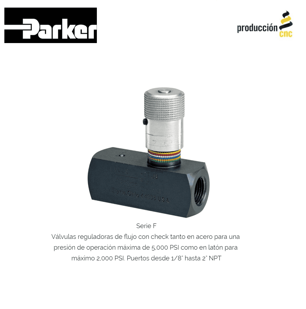 Serie F Válvulas reguladoras de flujo con check tanto en acero para una presión de operación máxima de 5,000 PSI como en latón para máximo 2,000 PSI. Puertos desde 1/8