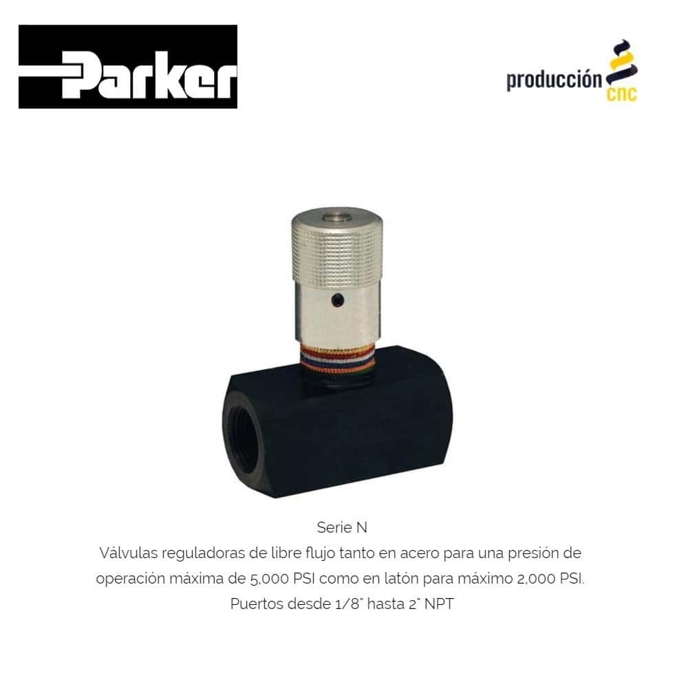Serie N Válvulas reguladoras de libre flujo tanto en acero para una presión de operación máxima de 5,000 PSI como en latón para máximo 2,000 PSI. Puertos desde 1/8