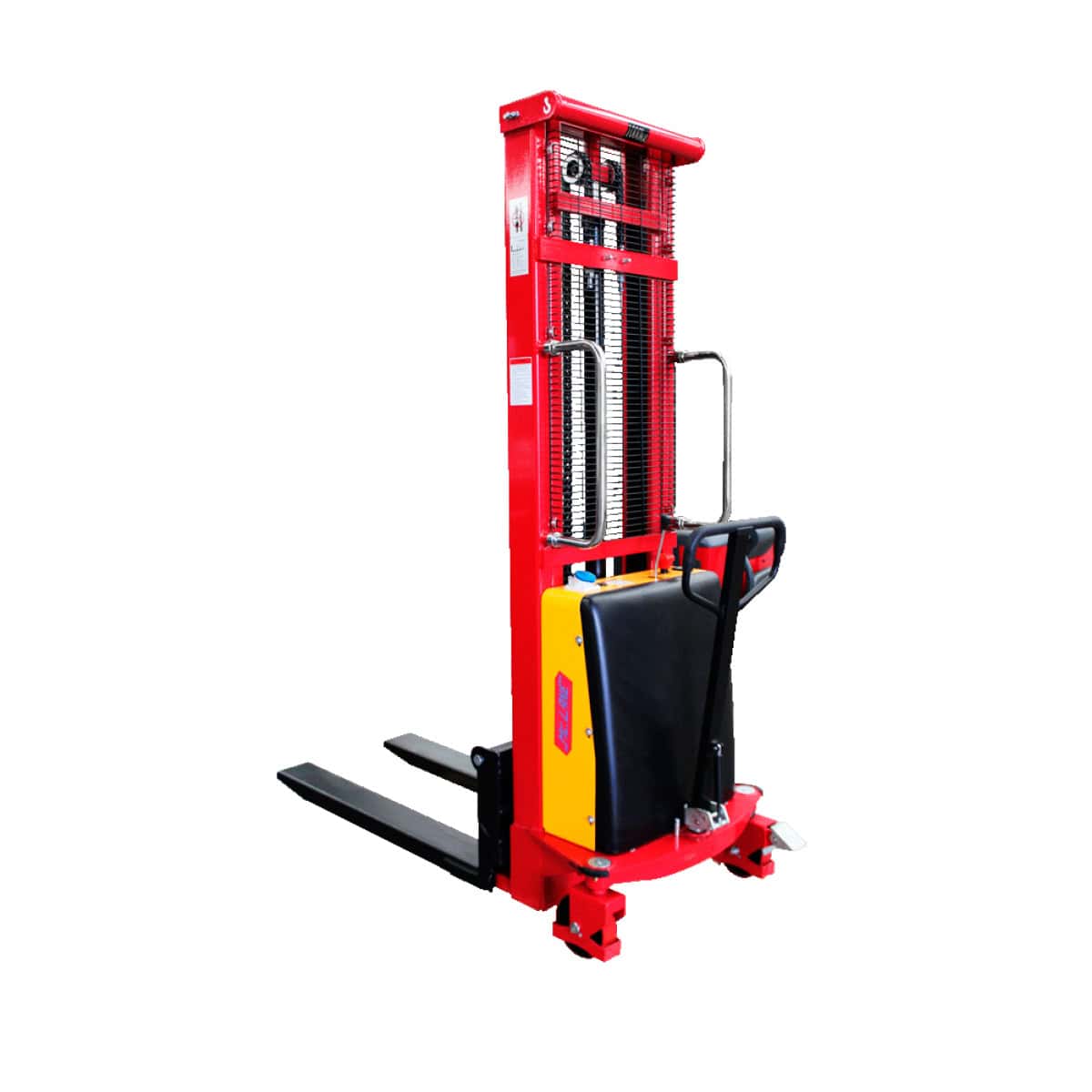 Apiladora semi-electrica para pasillos angostos, capacidad de carga 1000kg. o 1500kg. uñas de carga ajustables bateria y cargador para 110/60hz incluidos