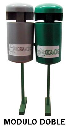 Bote o contenedor para basura de polietileno con protección U.V. (ultra violeta) para interperie como jardines, calles, avenidas, esteriores, lugares publicos, Módulo doble con estructura  Chapa y llave de seguridad  Etiquetas personalizada Capacidad: 60 litros. Medidas: largo .75cm. ancho .50cm. alto 1.26m. Colores: gris (inorgánico), verde (orgánico), azul rey, naranja, rojo, negro    