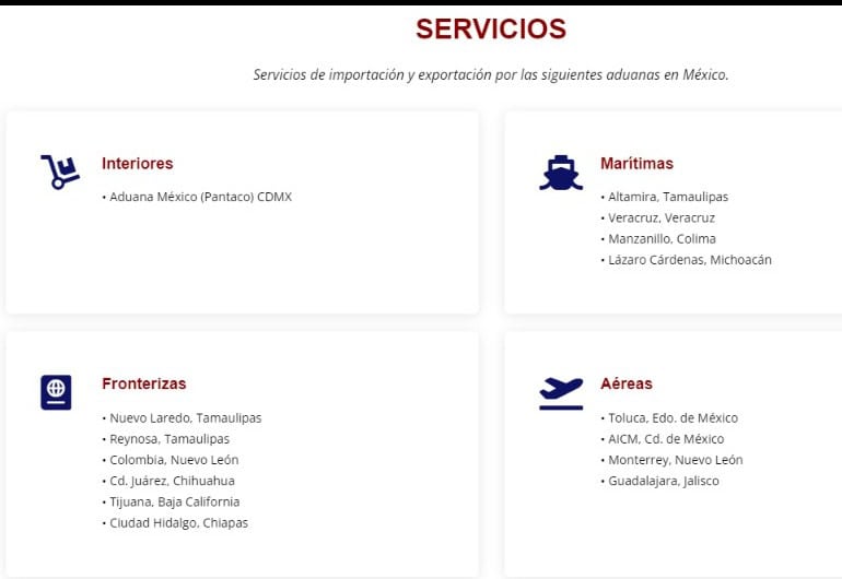 Aduanas fronterizas en el Norte, Sur, Centro, Golfo y Pacifico de México