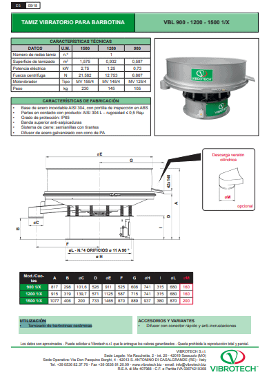 ficha técnica de vibrotamiz para barbotina VBL 900-1200-1500 1/X