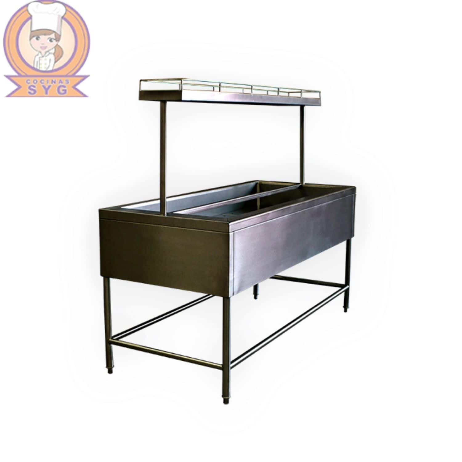 Mesa fría a hielo tipo sanitario con repisa de paso en acero inoxidable.