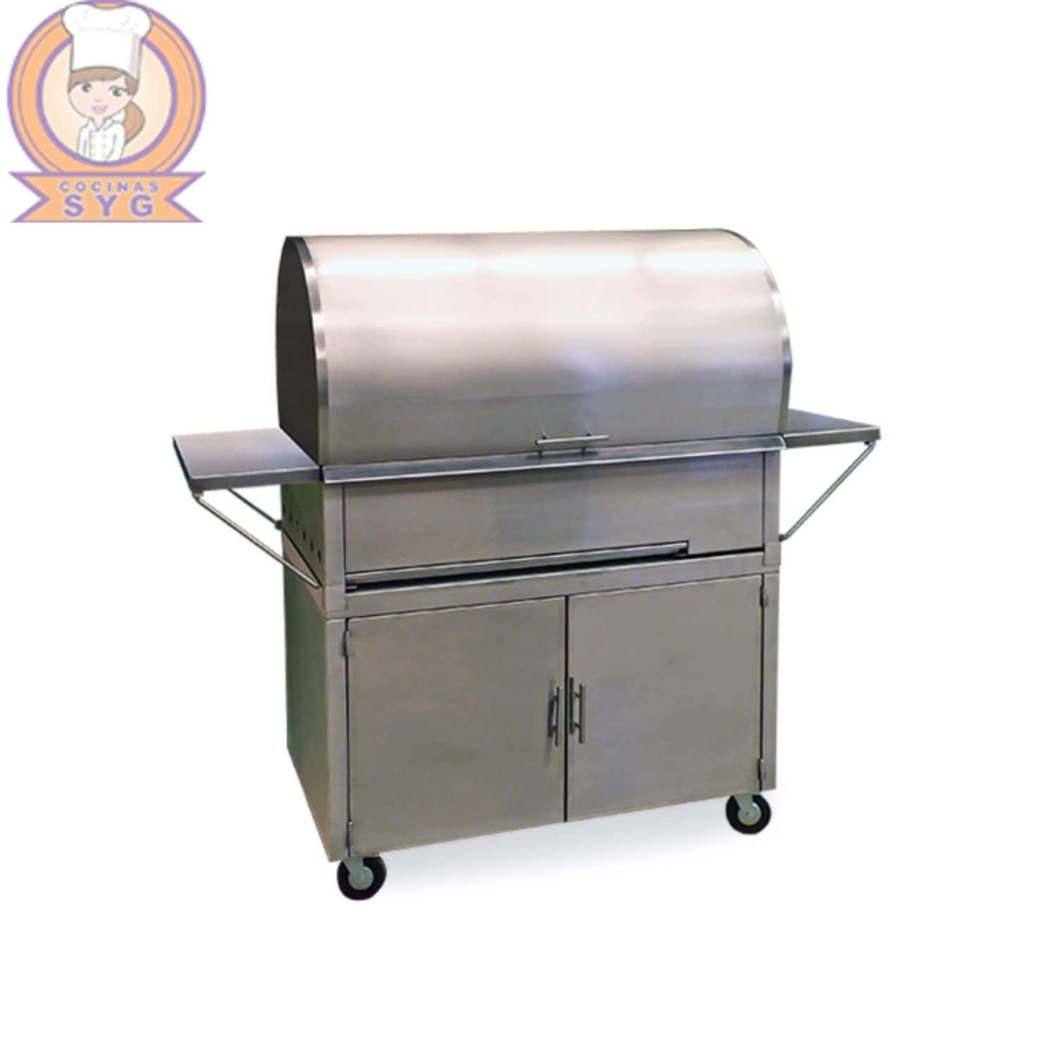 Asador argentino a carbón, con tolva y gabinete en acero inoxidable.