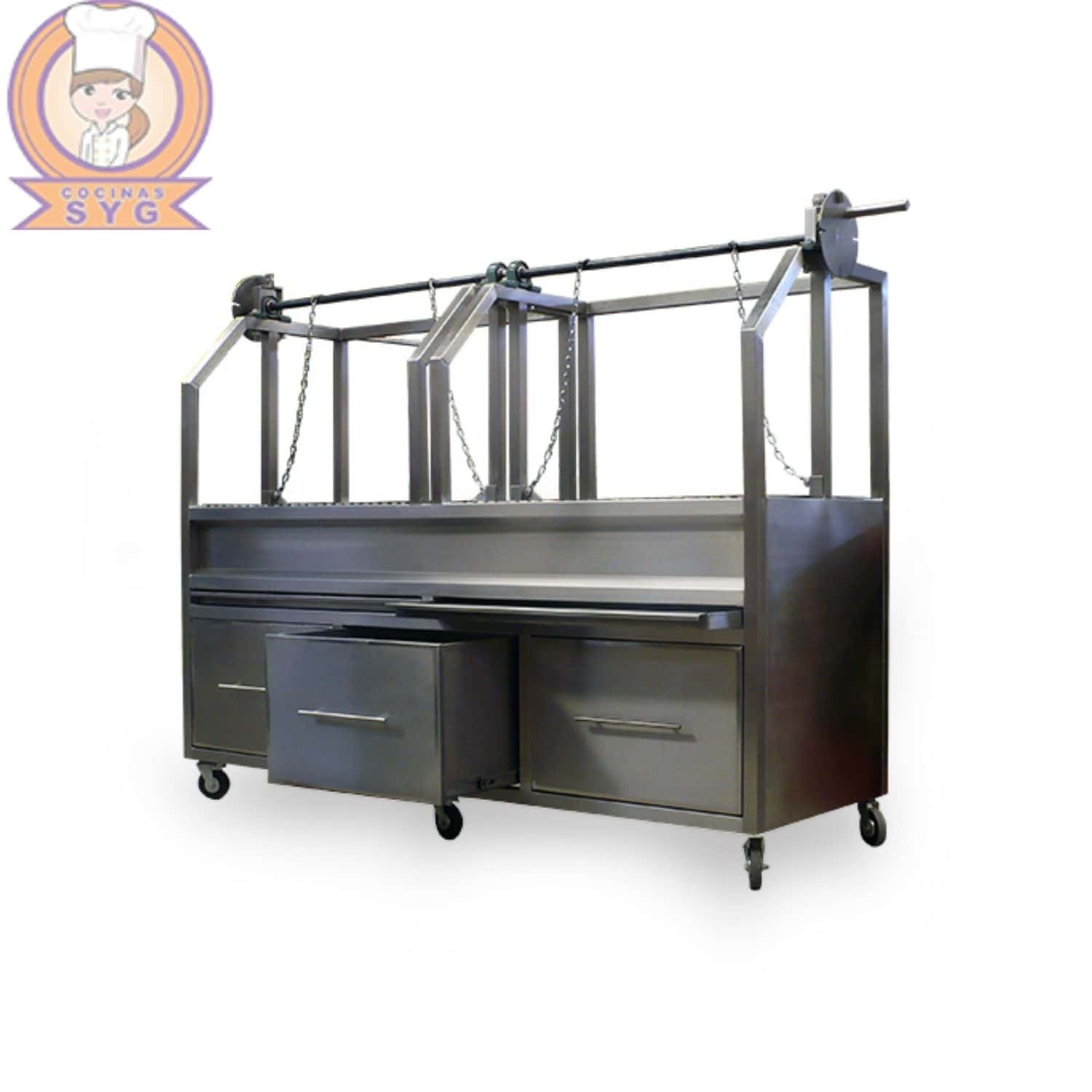 Asador tipo argentino con cajones, fabricado en acero inoxidable.