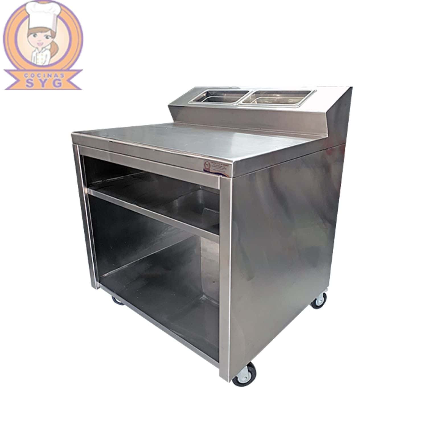 Gabinete abierto móvil en acero inoxidable.