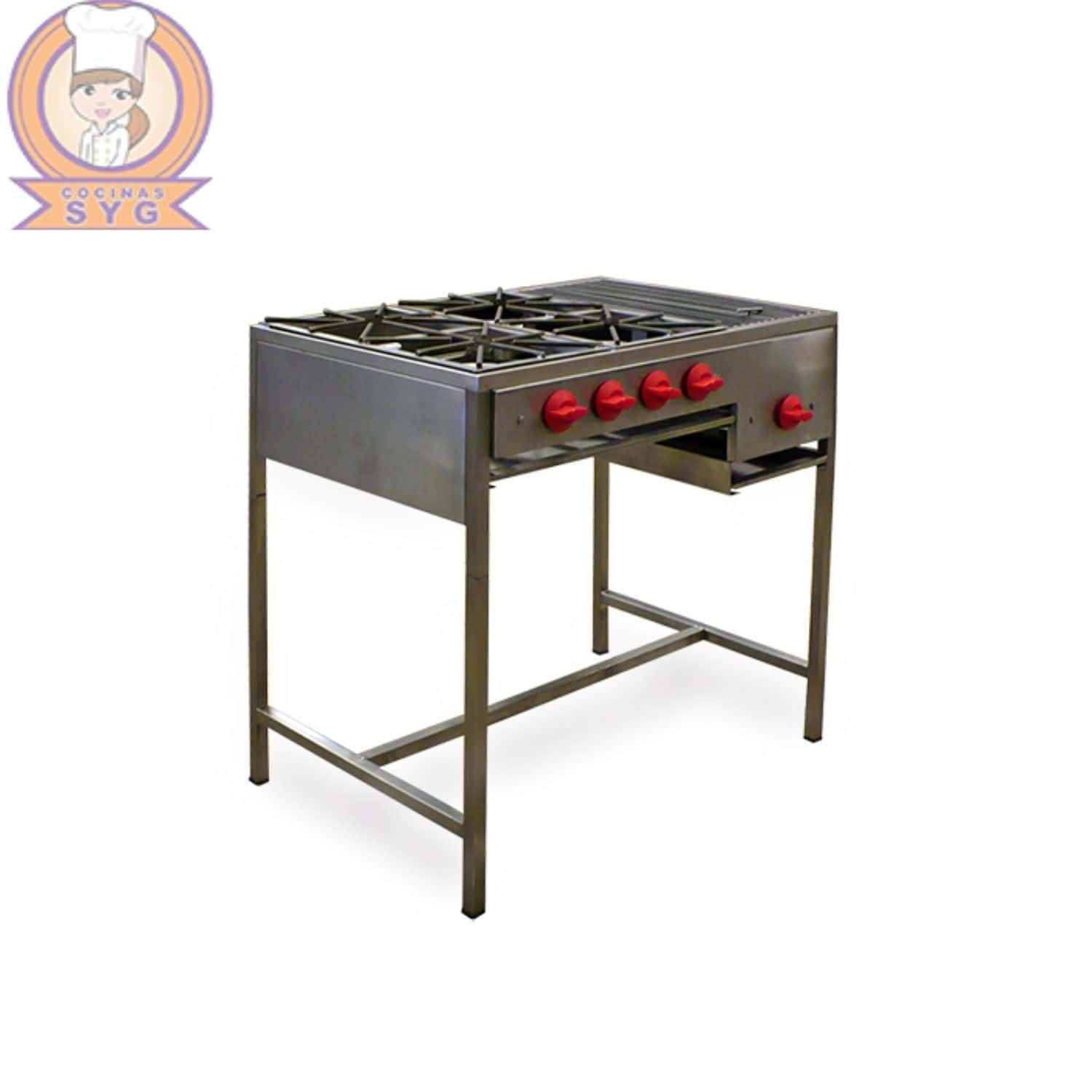 Parrilla estructural de 4 quemadores con asador