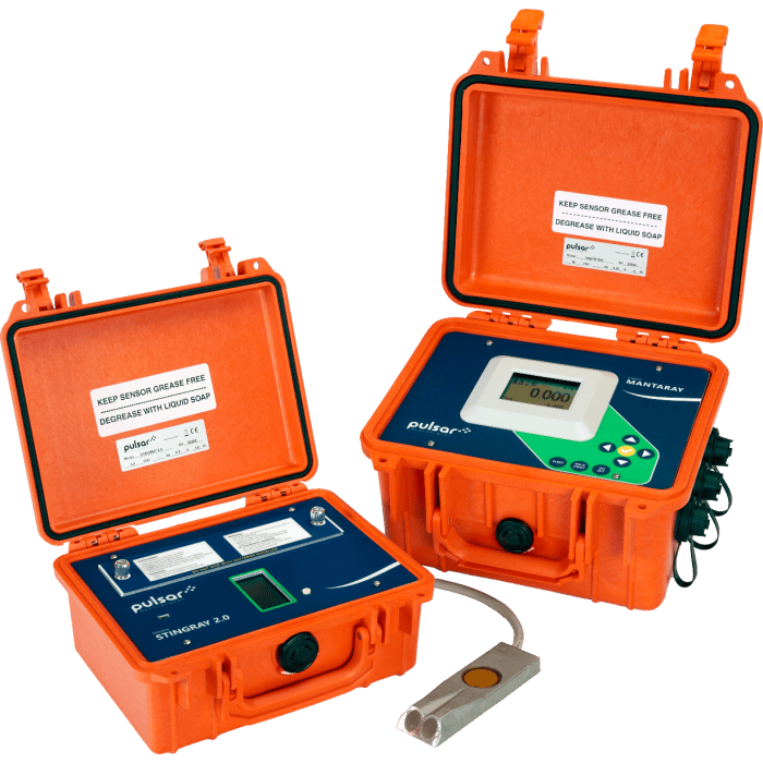 Medidores de flujo ultrasonicos portatiles para medición en canales abiertos o tuberias parcialmente llenas, modelo Mantaray, marca PULSAR