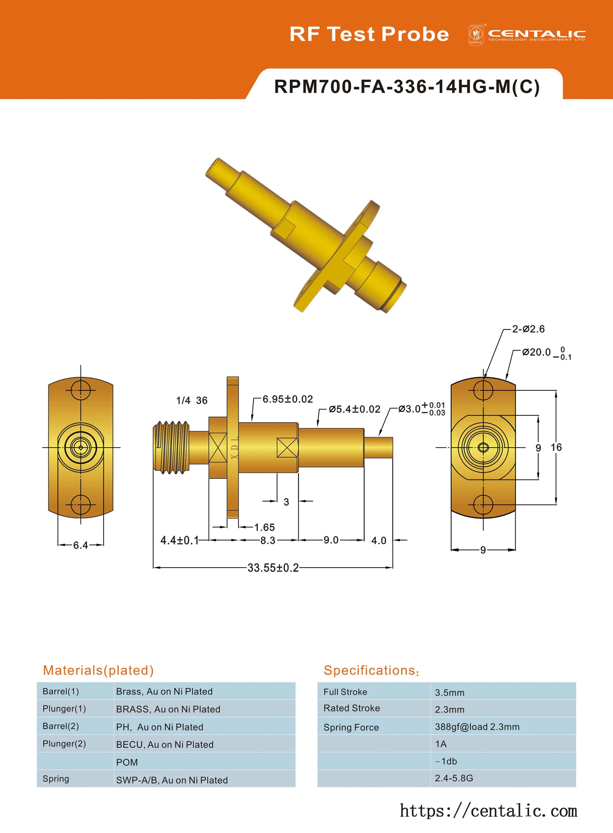 Sonda de radiofrecuencia de prueba Pogo Pin Serie RPM700 con estructura interna intrincada