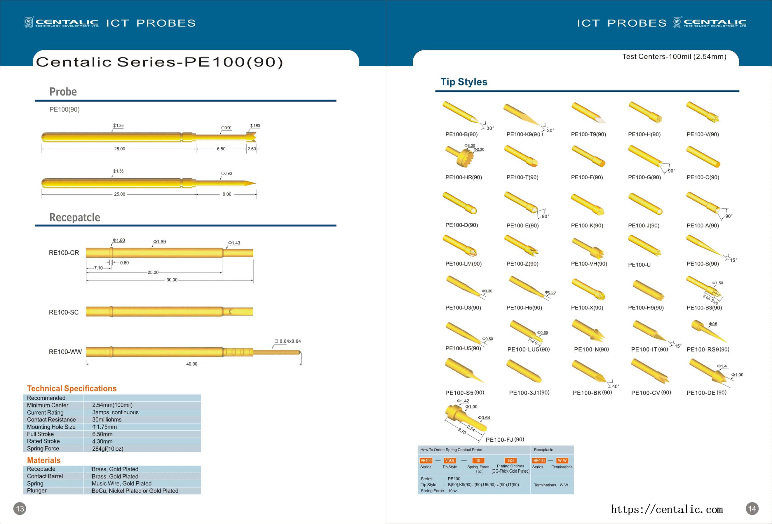 In-circuit Test Probe Pogo Pin PE100(90) Series Plated with Gold / Sonda de prueba en circuito Pogo Pin Serie PE100(90) Chapado en oro