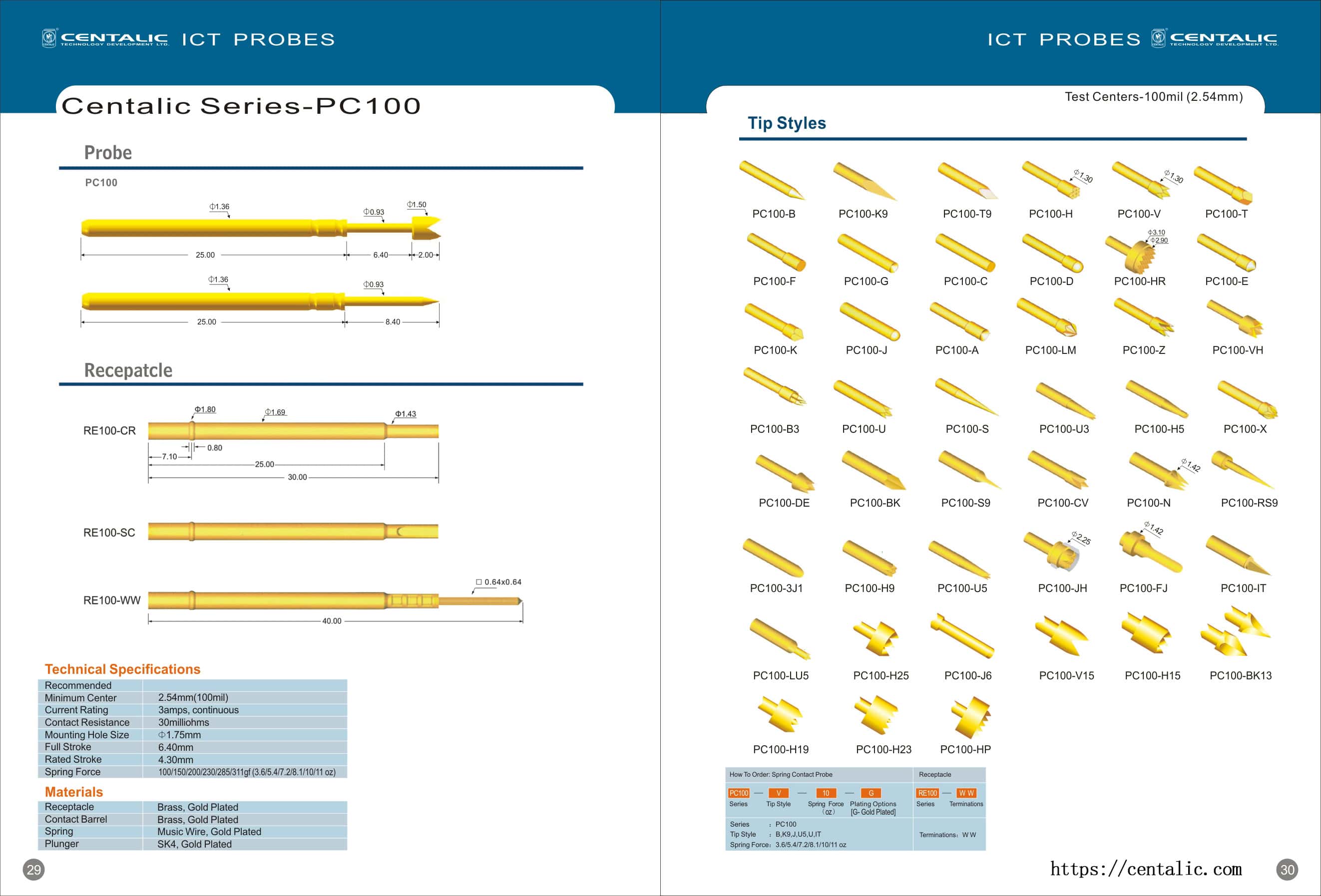 Sondas de prueba en circuito Pogo Pin PC100 para la inspección de PCBA