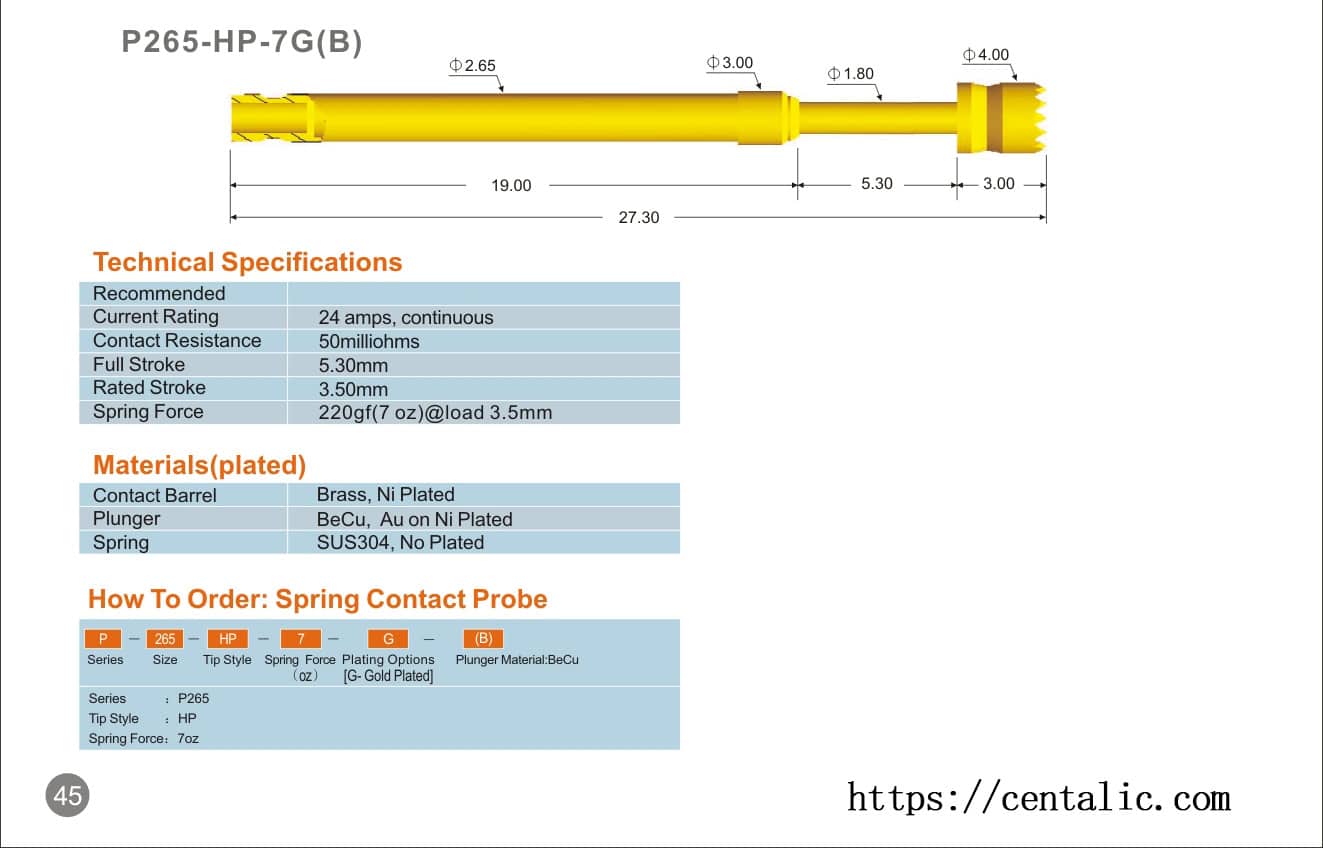 Sonda de alta corriente Pogo Pin Serie P265 para pruebas electrónicas