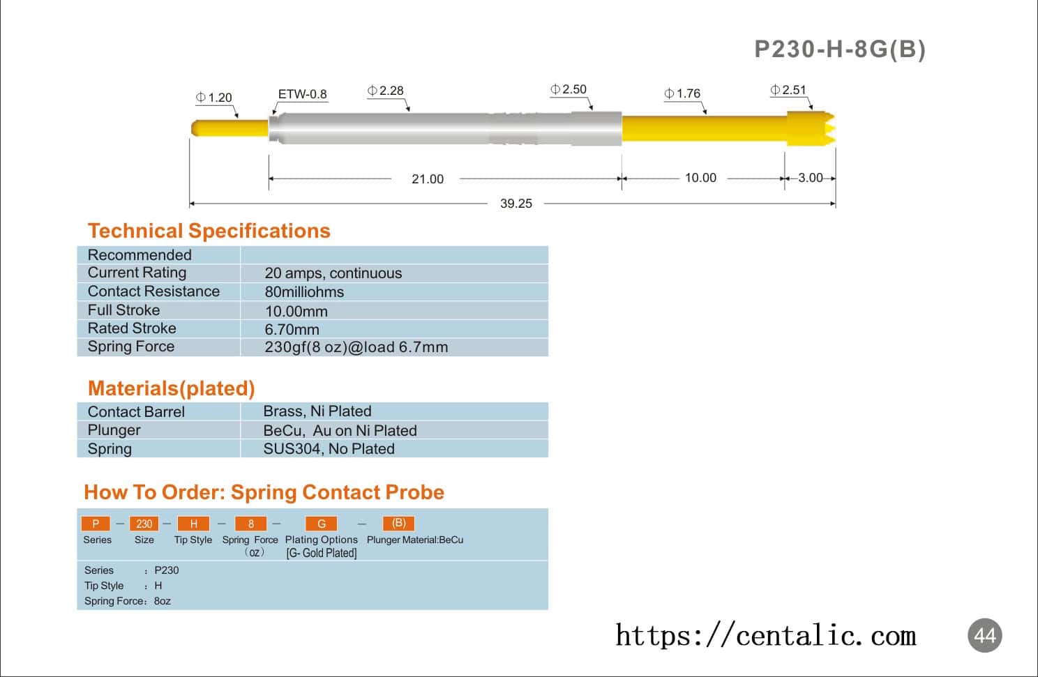 Sonda de alta corriente Pogo Pin Serie P230 para pruebas electrónicas