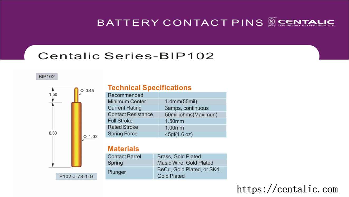 Sonda de contacto de la batería Pogo Pin Serie BIP102 para la aplicación de conectores