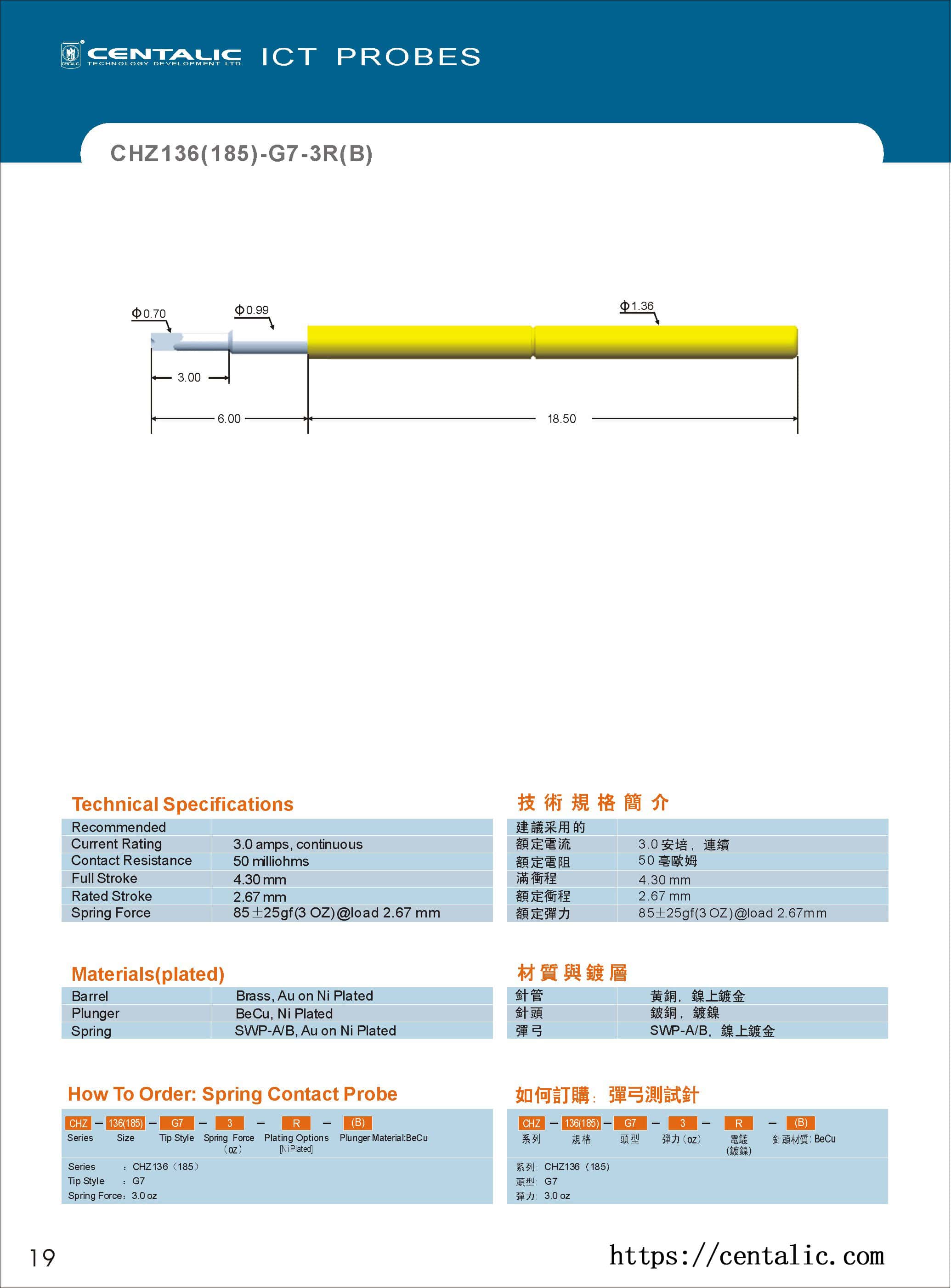Sonda de cableado Pogo Pin CHZ136(185) para las pruebas de la industria del automóvil