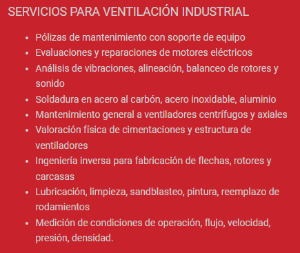 Servicios para ventilacion industrial polizas de mantenimiento