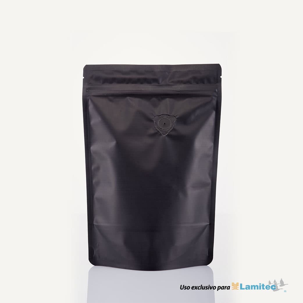 Stand up Pouche (SUP) negro mate 454 gramos con válvula 