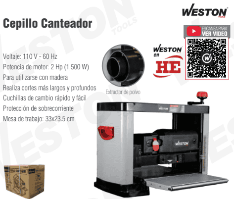 Cepillo canteador para madera M-03040 Weston  13'' 1500W C/2 NAVAJAS 110V 1F
