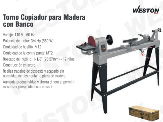 Torno para madera copiador con banco M-03030 Weston 350X1000MM 3VEL. 550W 110V 1F