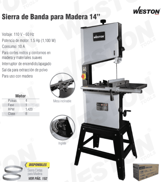 Sierras de banda cinta para madera M-03045 Weston 14'' 1100W 110V 1F