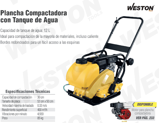 Plancha compactadora con tanque de agua CW-030 Weston 5.5 Hp