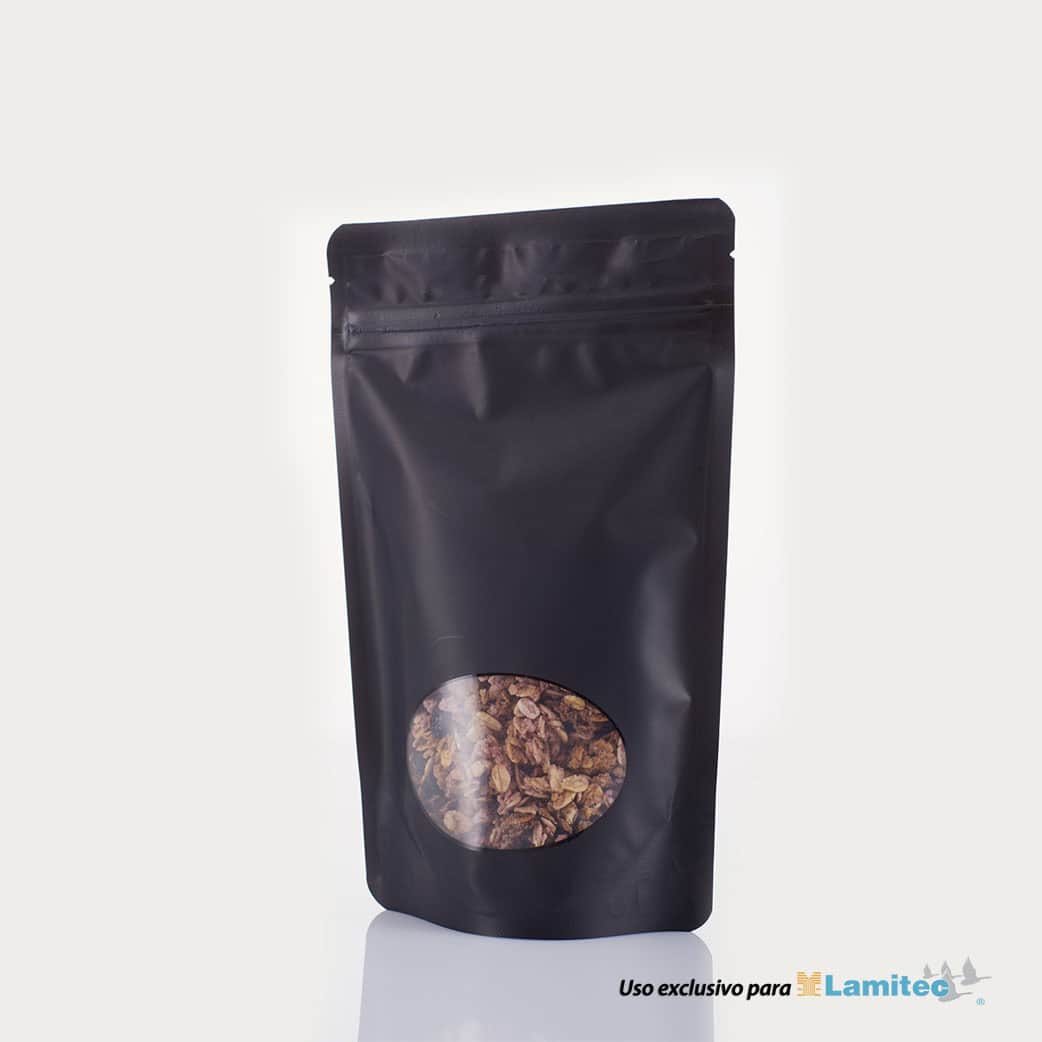 Stand Up Pouch Negro Mate, con ventana. Para 150, 250 y 454 gramos.