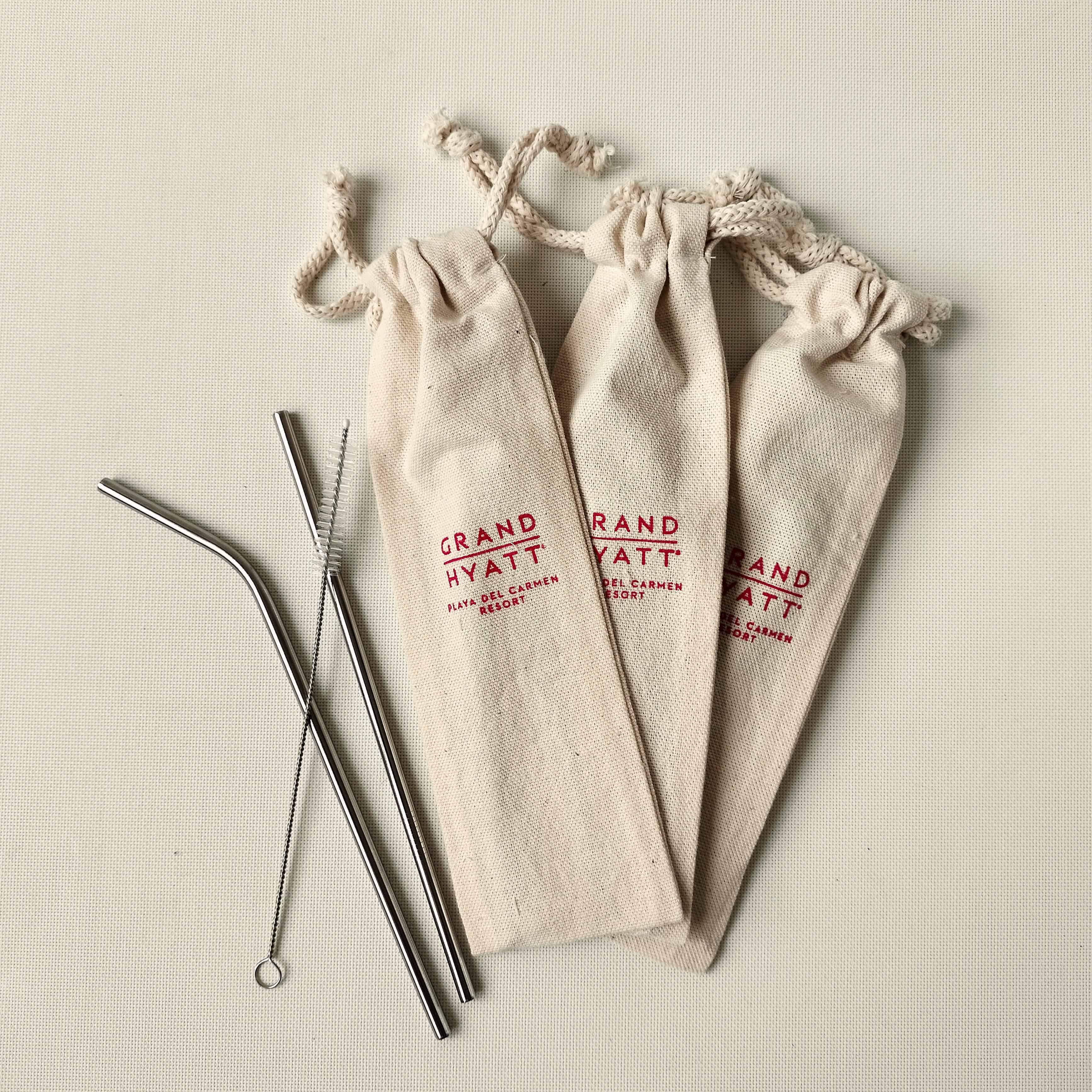 Popote estuchado con logotipo en bolsa de manta KIT POPOTES ACERO Solimas