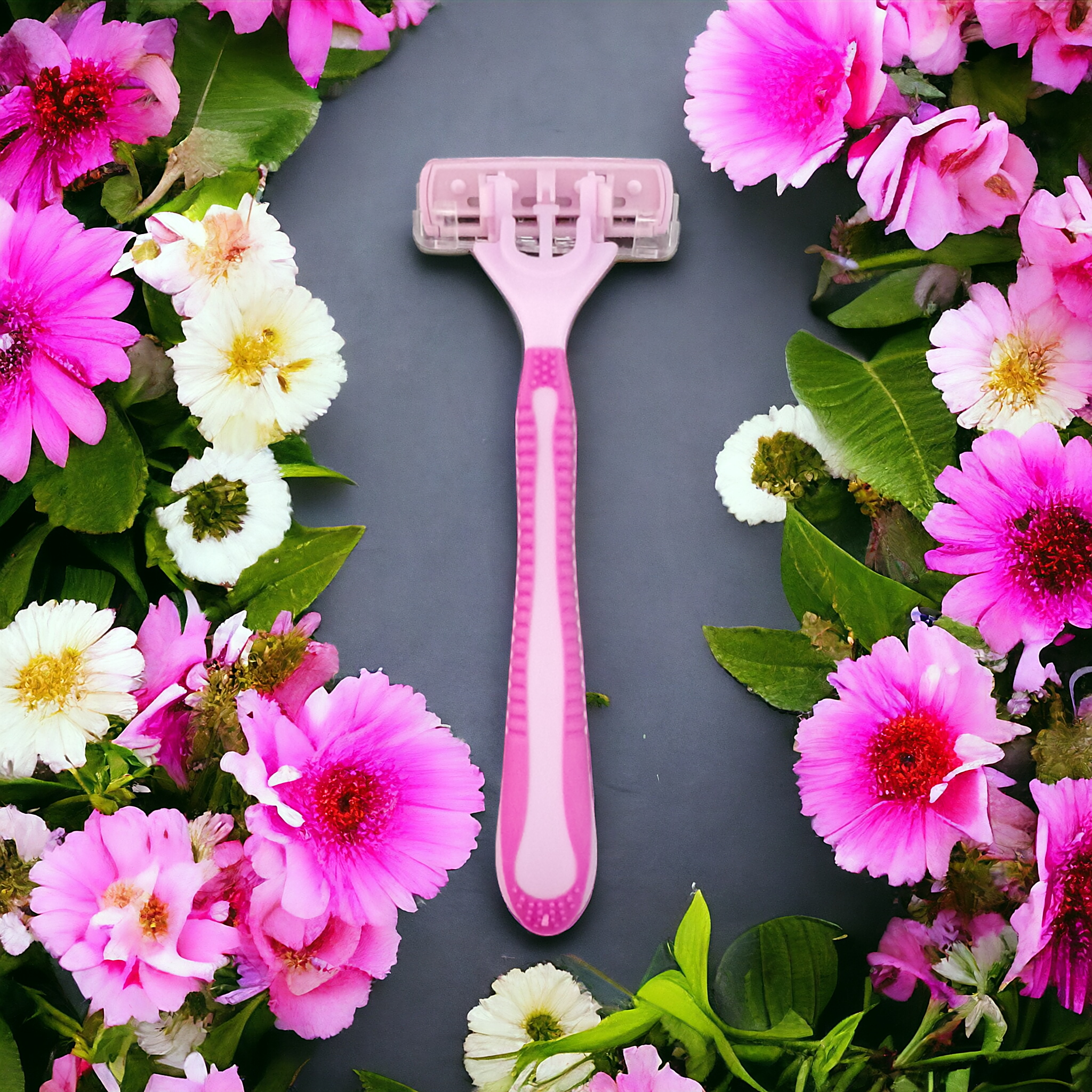 Rastrillo para dama, con 3 hojas de acero inoxidable, mango de goma y cabeza movible.