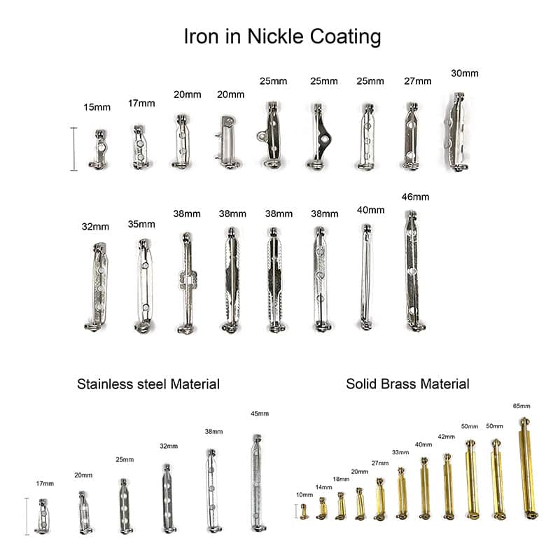 Heavy-duty safety pin for badges. 11mm to 45mm sizes. Commonly used for staff identification, police badge, conference name plate, campaigns.