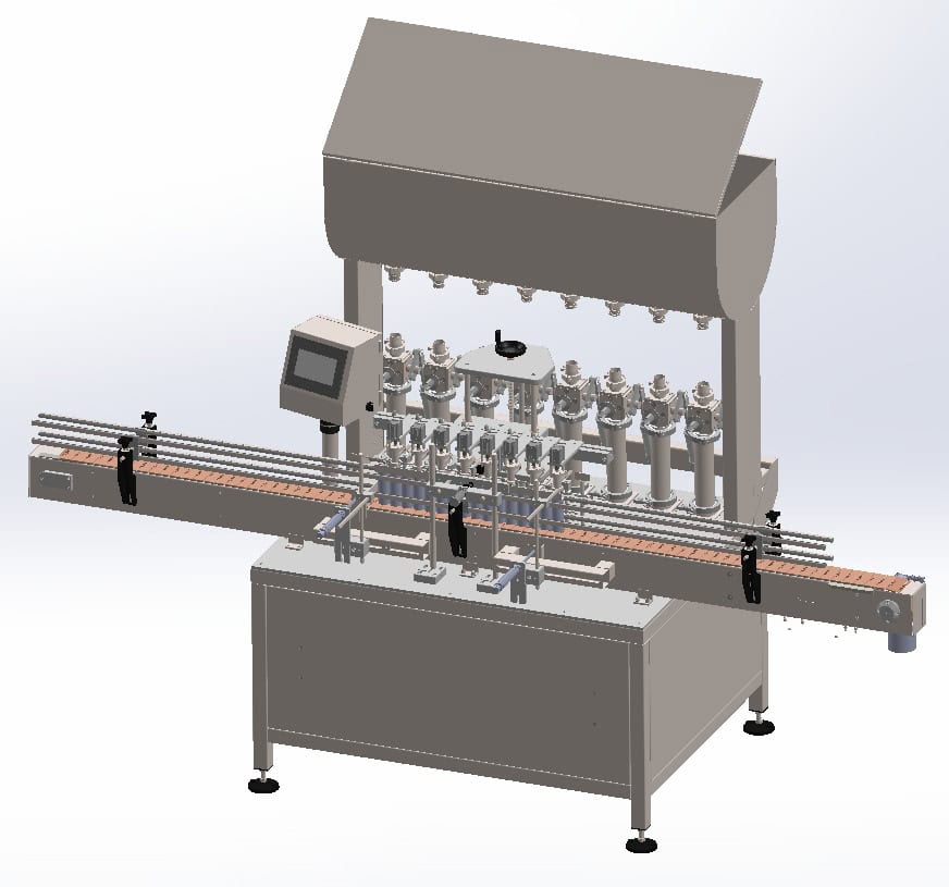 LLenadora volumétrica, puede fabricarse desde 1 hasta 16 boquillas. Completamente automática, el llenado volumétrico puede ser por pistón o con servomotor.