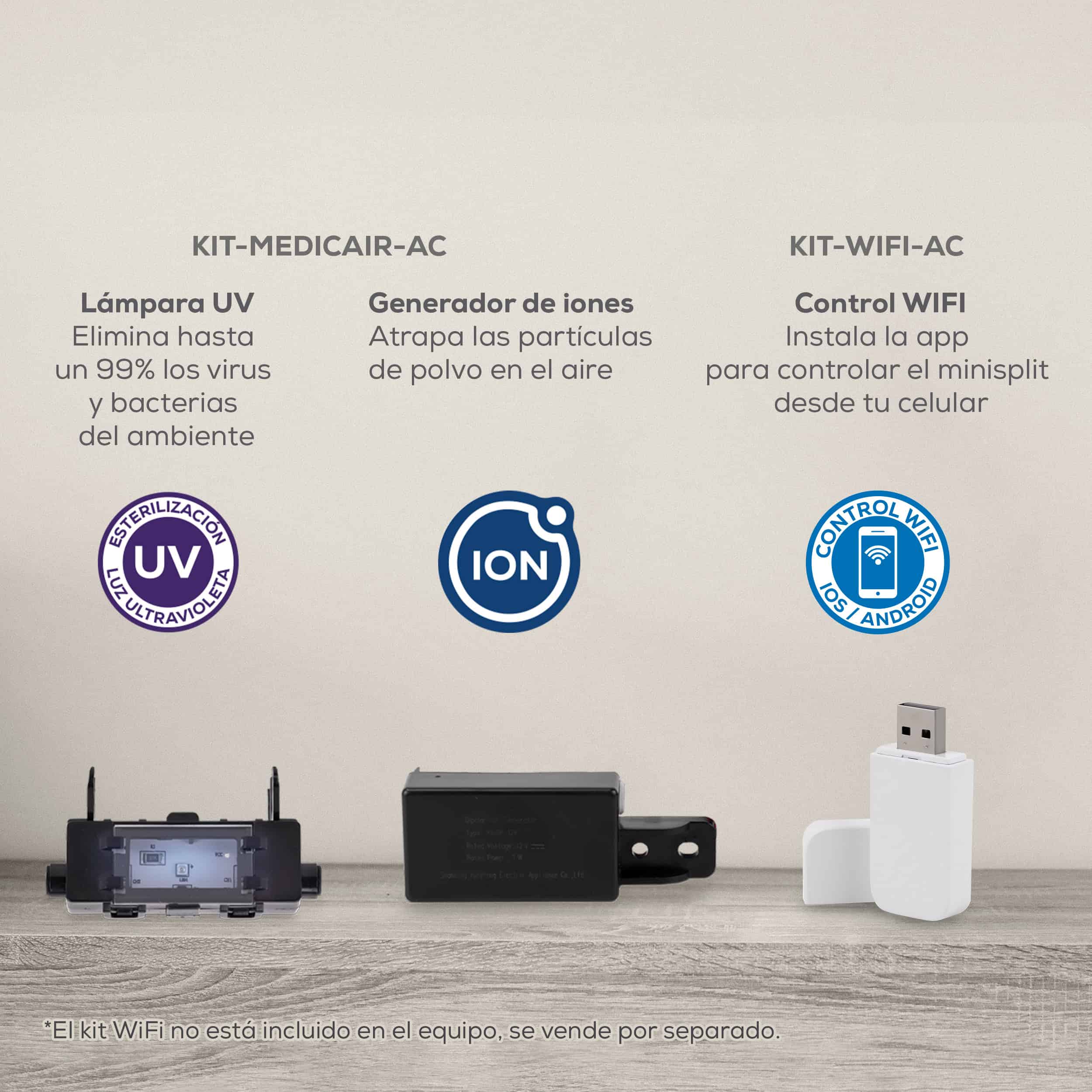 Incluye: KIT-MEDICAIR-AC para eliminar bacterias, virus y partículas de polvo + KIT-WIFI-AC para manejar el equipo desde la palma de tu mano.
