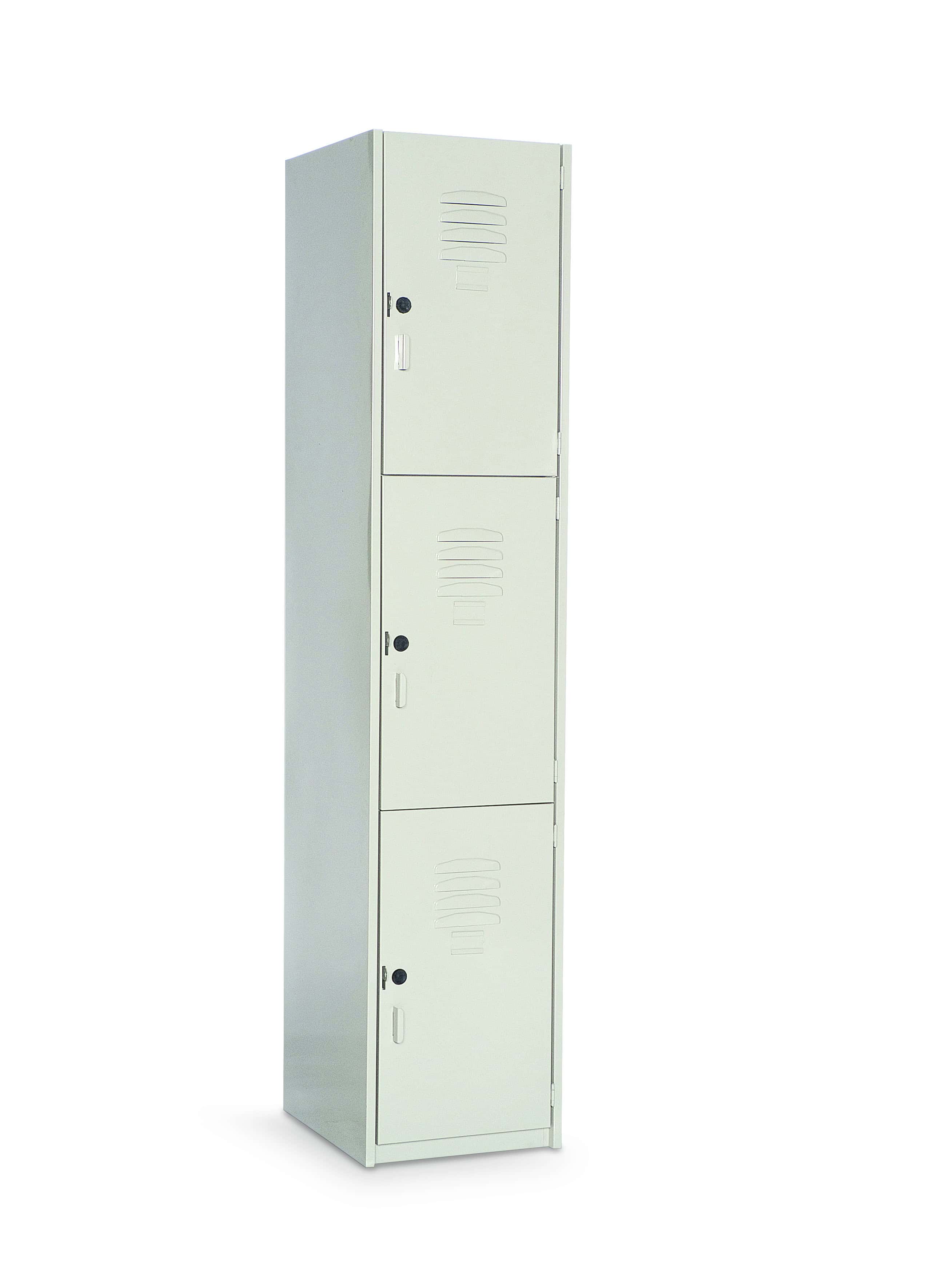 Locker Metálico de 3 Puertas – Seguridad y Organización en un Solo Mueble  Este locker metálico vertical de 3 compartimentos es la solución ideal para guardar pertenencias de forma segura y organizada en espacios como oficinas, escuelas, gimnasios, fábricas o vestidores. Su diseño funcional y compacto permite optimizar el espacio sin sacrificar resistencia ni privacidad.  Estructura robusta de acero de alta durabilidad  Color gris claro neutro, ideal para cualquier ambiente  Tres compartimentos individuales con puerta y cerradura tipo chapa  Ranuras de ventilación troqueladas en cada puerta para circulación de aire  Tiradores integrados para fácil apertura  Ideal para uso personal, institucional o industrial  Este locker es perfecto para mantener el orden y proteger artículos personales o de trabajo en ambientes exigentes.