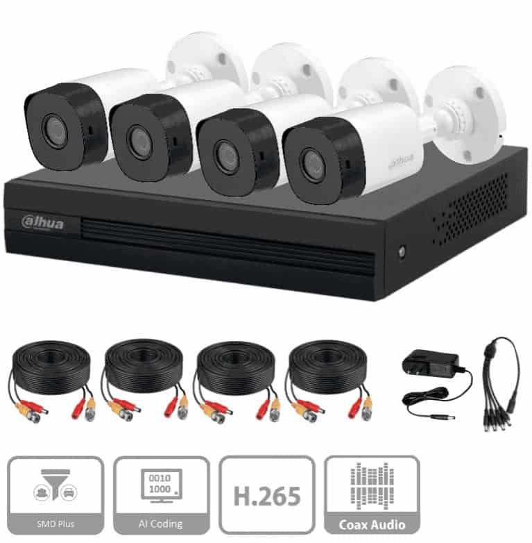 Kit de 4 canales con cámaras B1A11 de 1 MP, lente de 2.8mm y ángulo de visión 93°. Soporta 4 canales más 1 IP o hasta 5 canales IP, tecnología SMD Plus, búsqueda de humanos y vehículos 