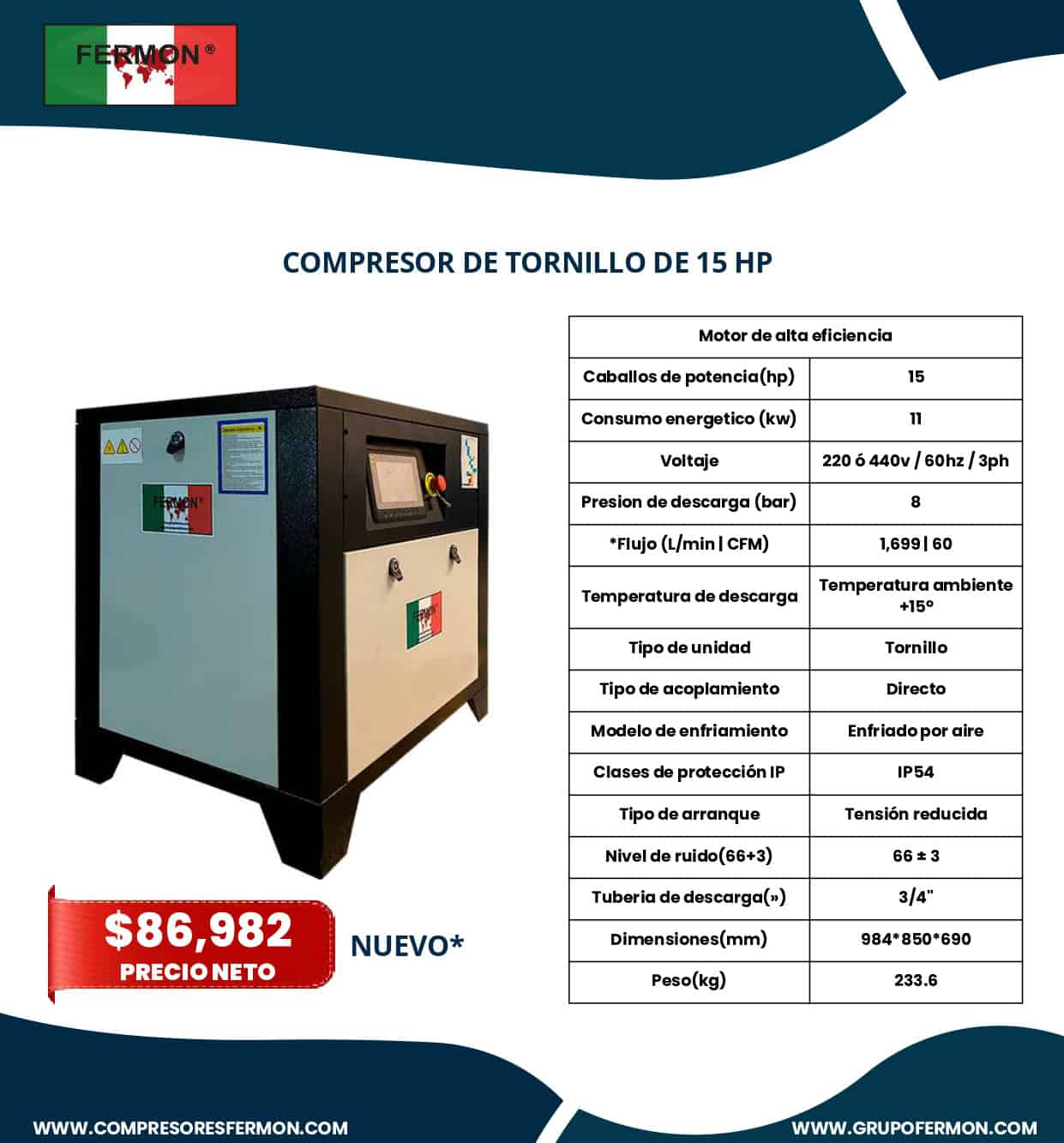 COMPRESOR FERMON TORNILLO DE 15 HP ACOPLADO DIRECTO 220/440volts