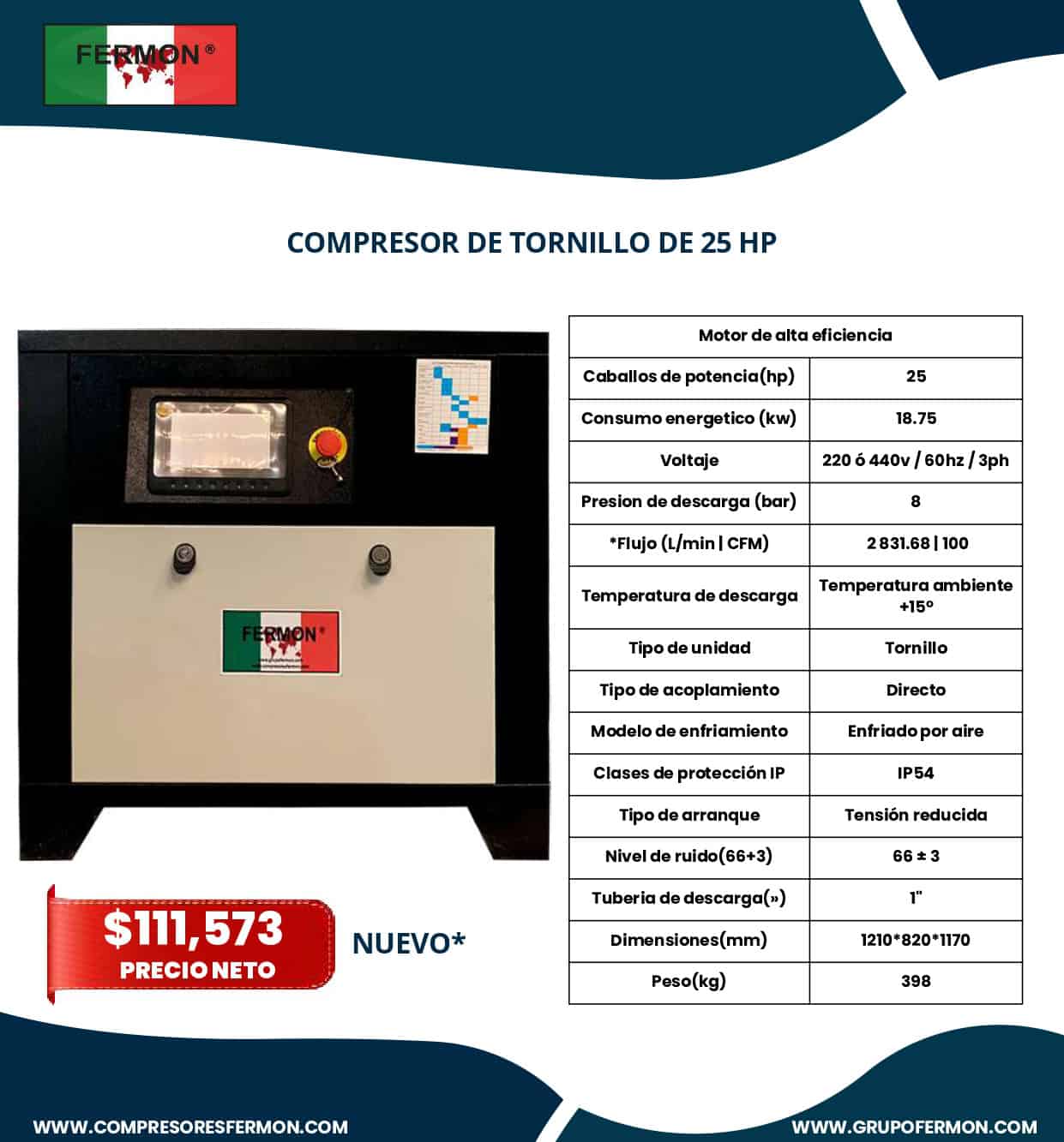 COMPRESOR FERMON TORNILLO DE 25 HP ACOPLADO DIRECTO