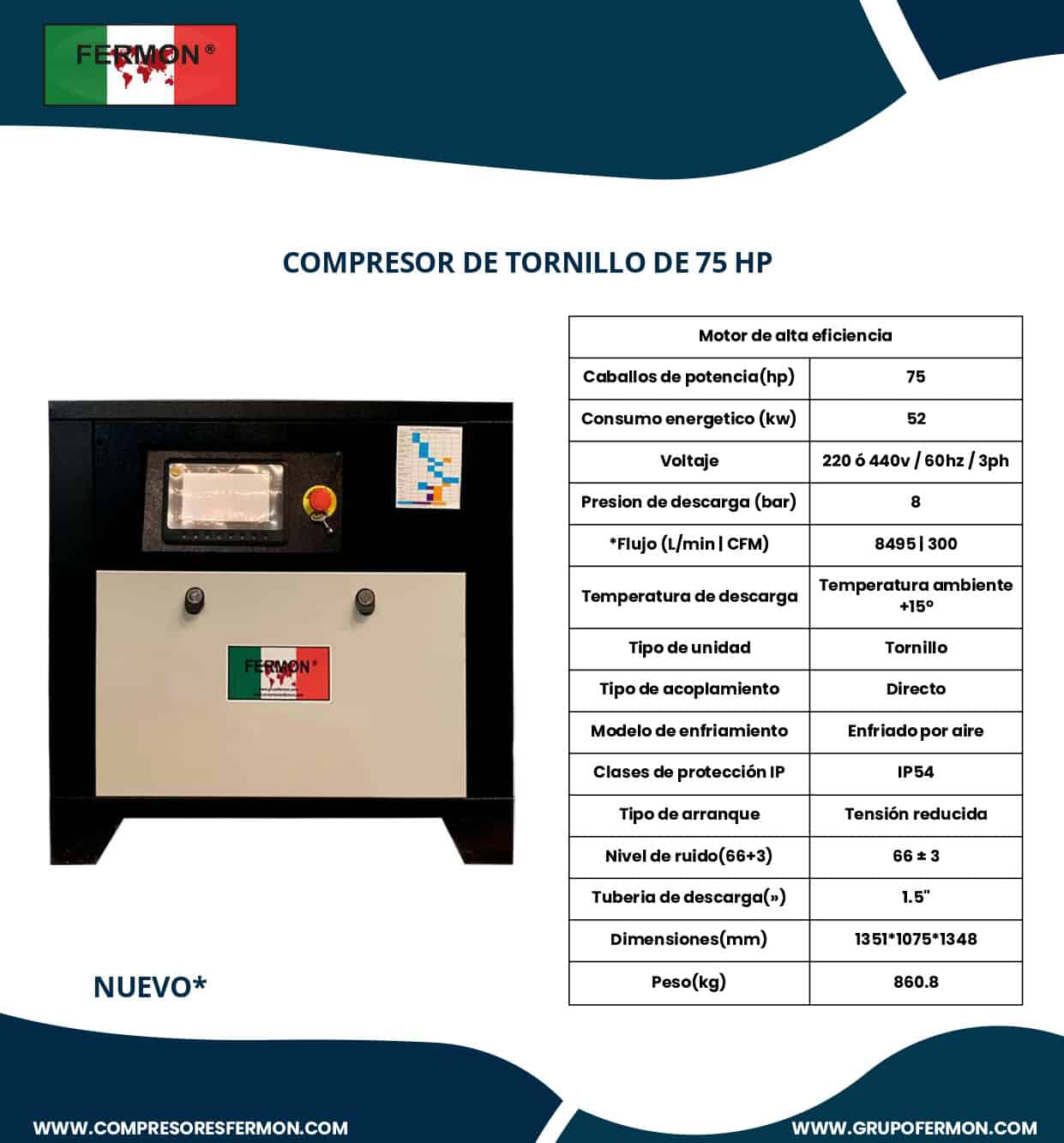 COMPRESOR FERMON TORNILLO DE 75 HP ACOPLADO DIRECTO
