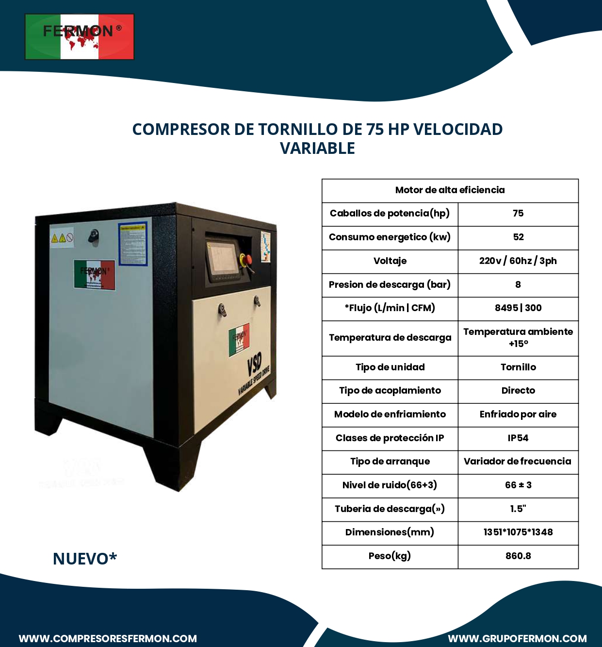 COMPRESOR FERMON TORNILLO DE 75 H.P. ACOPLADO DIRECTO VSD