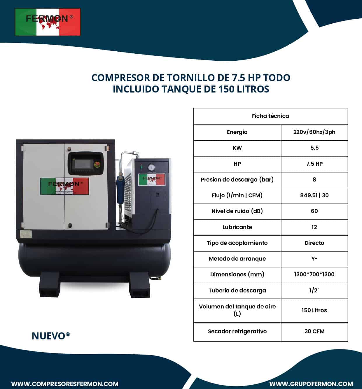 Compresores de tornillo con secador y tanque 7.5 HP 220VOLTS