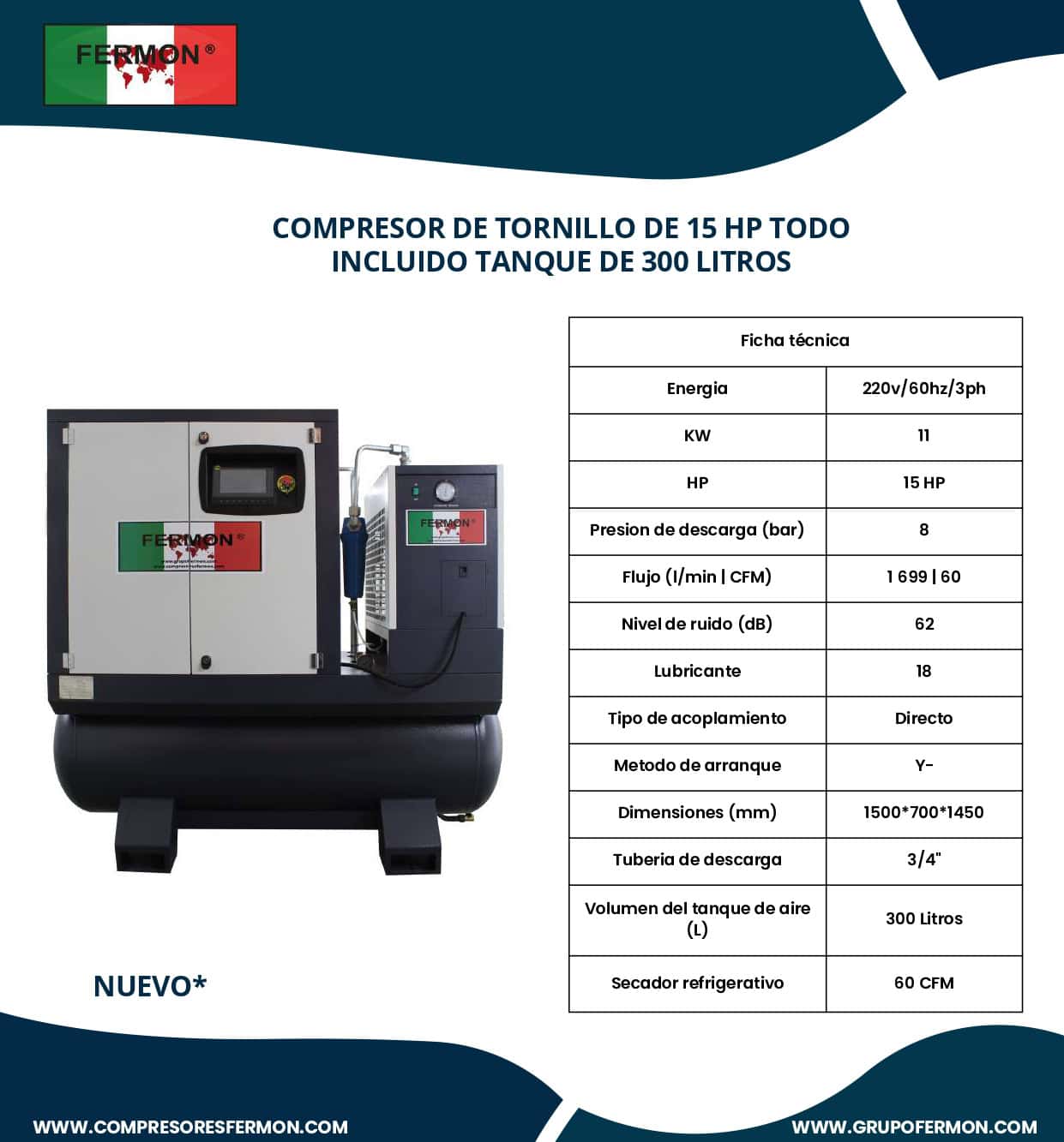 Compresores de tornillo con secador y tanque 15 hp tanque de 300 lts 220v