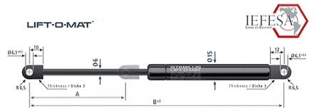 Amortiguador STABILUS con terminal de ojillo de 500N, carrera: 200mm, total: 485mm