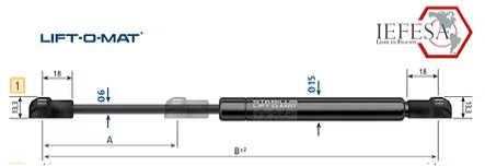 Amortiguador STABILUS con terminal de rotula de 530N, carrera: 290mm, total: 705mm