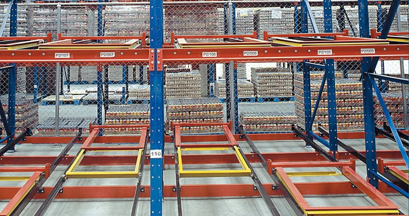 Racks Push Back funciona a base de carros ó bastidores de acero sobre rodamientos