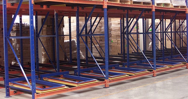 Racks Push Back funciona a base de carros ó bastidores de acero sobre rodamientos