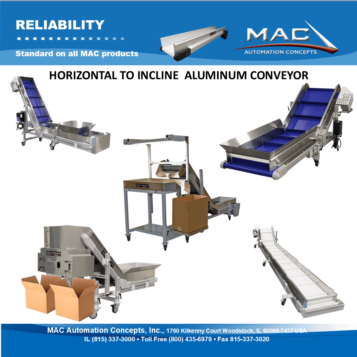 Bandas transportadoras con aditamentos especiales tales como cadenas laterales, guardias laterales, empujadores, variador de velocidad