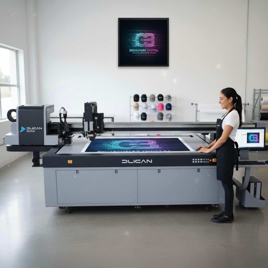 “Impresora plana digital UV de gran formato con área industrial y operadora mostrando la zona de impresión.”