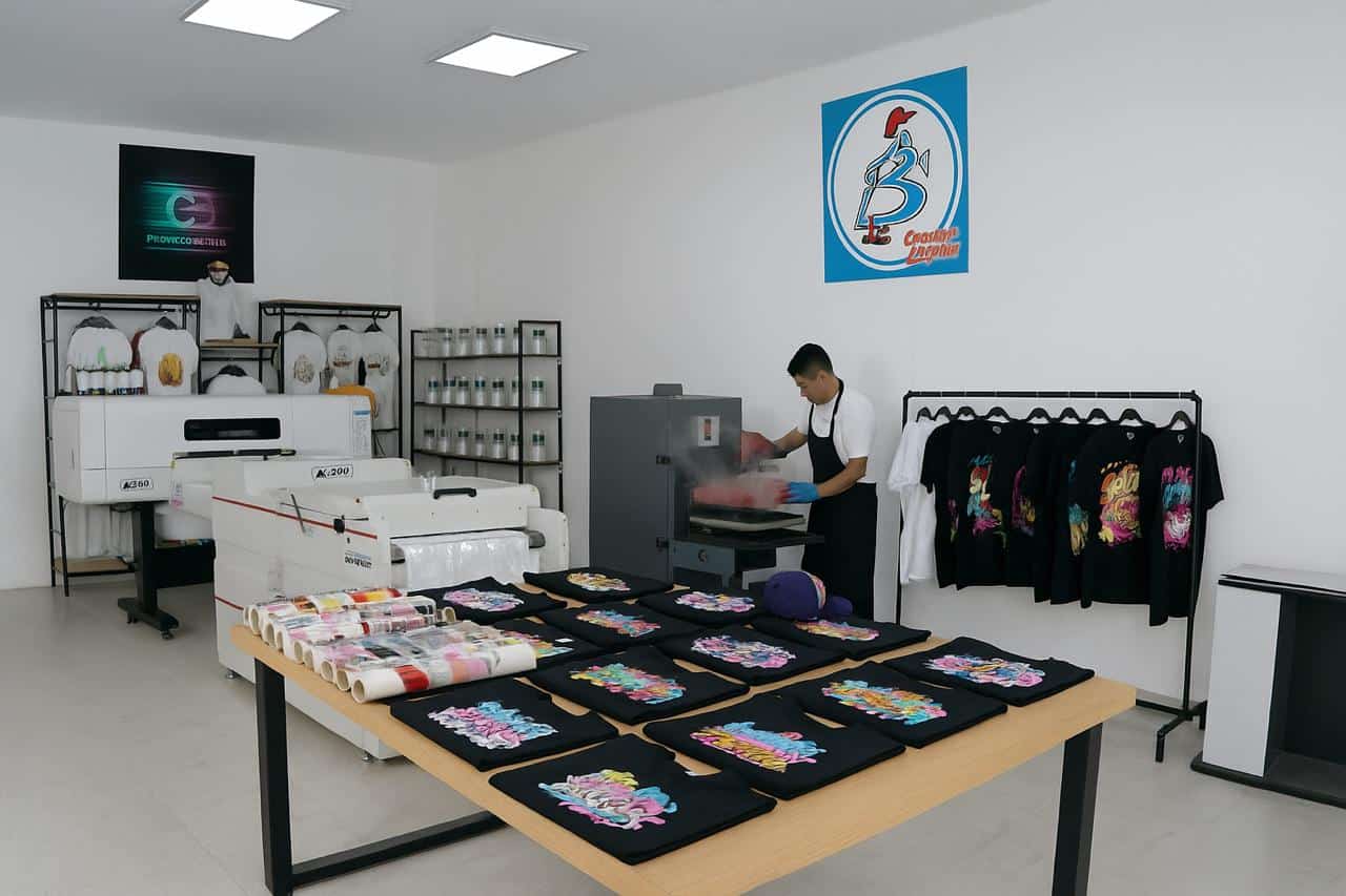 Área de producción DTF de C Broadway Digital, con mesas de trabajo, impresora DTF en operación, exhibición de diseños impresos y prendas terminadas. Espacio limpio, iluminado y organizado para mostrar el proceso de personalización textil.